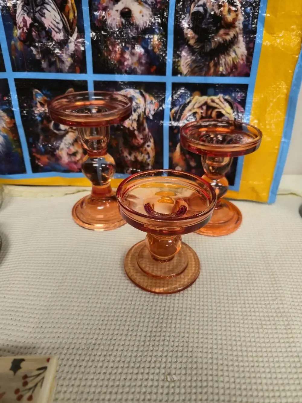 Vintage Amber Flash Glass Candle Holders Compotes Set of 3 Pressed Glass